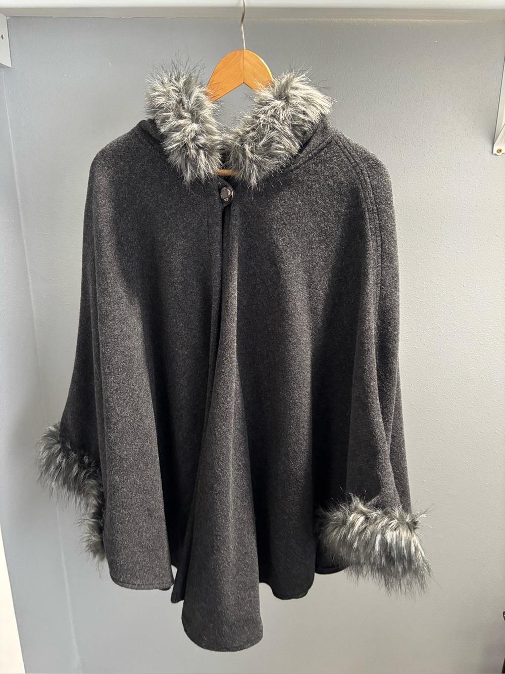 dennis basso Charcoal Gray Wool-Blend Faux Fur Trim Cape